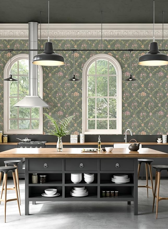 Dark Green Peel and Stick Wallpaper Floral Wallpaper 16.9in×118in | Self Adhesive Vintage Floral Wallpaper Removable Boho Contact Paper Green Wallpaper Waterproof for Bedroom Nursery Cabinets - Image 7