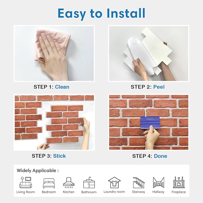 COMSTICKC 3D Faux Brick Wall Panels Peel and Stick, 10 Pcs 11.8" x 11.8" | Red, Not Real Brick, Small Size, Ultra-Light Thin PVC Sticker, Fake Brick Decorative Tiles for DIY Decor, Cover 9.7 sq ft - Image 8