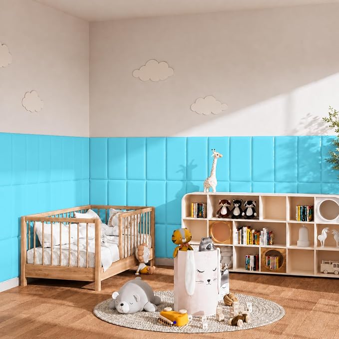 Anti Collision Wall Padding for Kids, Upholstered 3D Wall Panels | 4 Packs 7.8'' x 15.7'' Peel and Stick Headboard, Self Adhesive Wall Pads for Kids, Bedroom, Living Room, Blue - Image 5