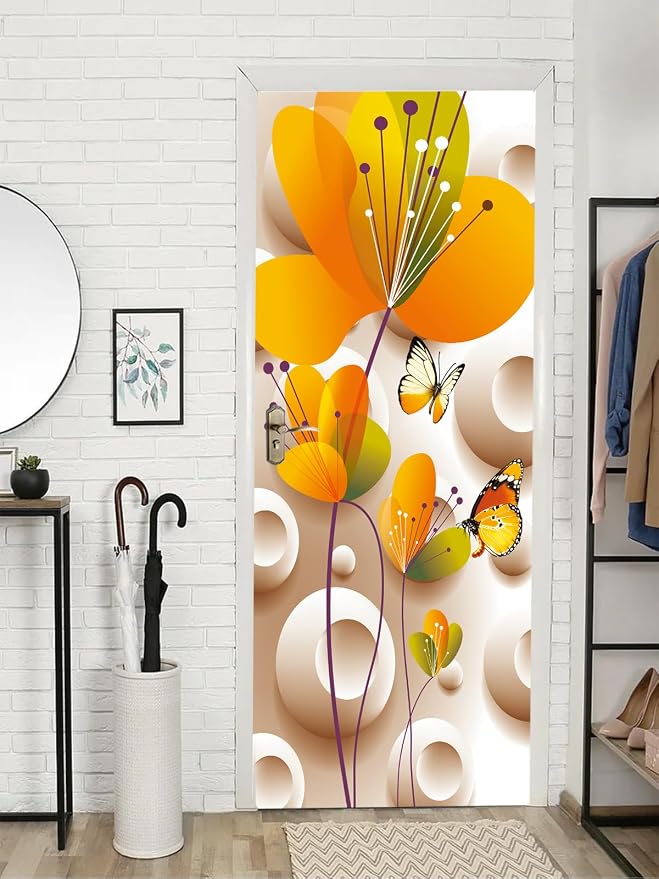 artfanke 3D Peel and Stick Door Sticker 33.5"x84.6"- Self-Adhesive Door Wallpaper Murals Decal-Flower Colorful Butterfly Wall Poster for Home Decor (2 Sheets/Set) - Image 6