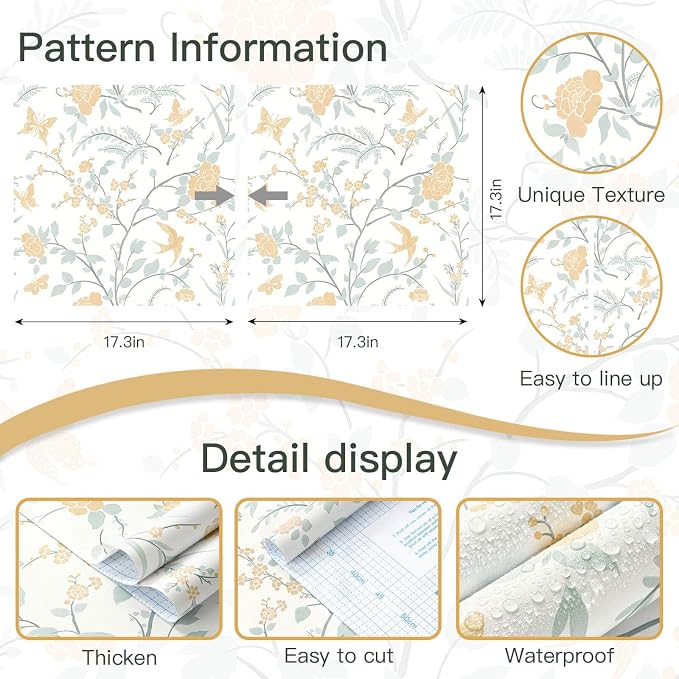Yellow Wallpaper Floral Peel and Stick Wallpaper Boho Light Blue and Yellow Wall Paper Bird Botanical Contact Paper for Cabinets Renter Friendly Self-Adhesive Bathroom Bedroom 78.7"×17.3" - Image 7