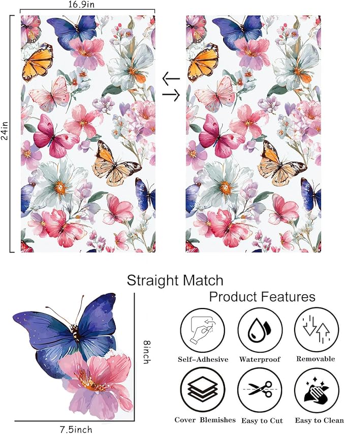 Floral Peel and Stick Wallpaper Butterfly Contact Paper 16.9in×118.1in Watercolor Floral Wallpaper Self Adhesive Removable Modern Flower Contact Paper Waterproof for Bathroom Cabinets Decor - Image 5