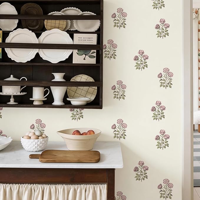 17.3”×393.7” Vintage Floral Wallpaper Retro Rose Flower Contact Paper for Cabinets Self Adheisve Floral Wallpaper for Bedroom Accent Wall Cabinets - Image 4