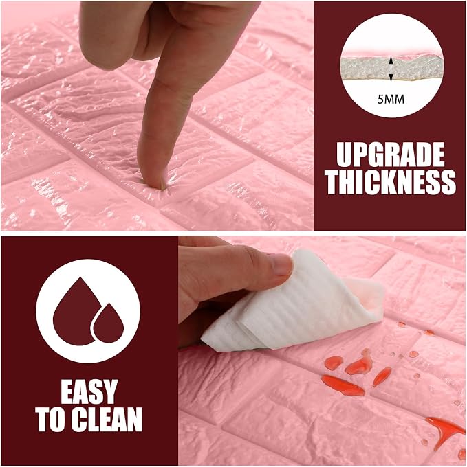 Colarr 60 Pcs 58 Sq ft 3D Wall Panels Peel and Stick Faux Foam 3D Brick Wallpaper Faux Paneling Adhesive Wall Covering Panels Decorative Medieval Tiles Waterproof for Bedroom(Pink) - Image 3