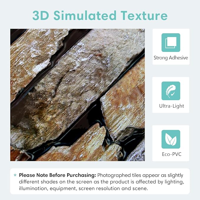 Commomy 3D Faux Stone Wall Panels Peel and Stick 10 Pcs 11.8" x 11.8" | Ultralight Thin PVC Fake Rock Wallpaper DIY Wall Covering Decorative Tiles for Kitchen Backsplash,Bedroom (Covers 9.7 sq.ft) - Image 3