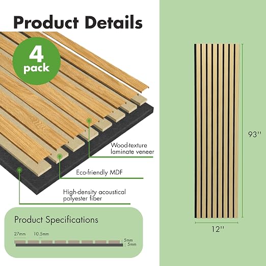 Art3d 4-Pack 12" x 93" Soundproof Wood Slat Panels, 31 sq.ft Acoustic Wall Panels, 3D Wall Panels with Wood Slat Design, Decorative Wood Wall Panel for Accent Walls-Oak - Image 3