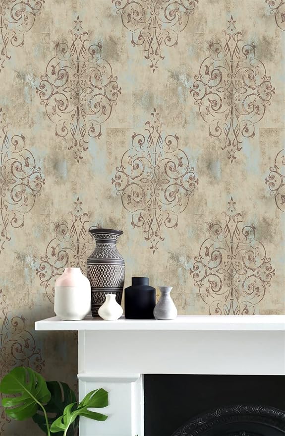 HAOKHOME Vintage Wallpaper Peel and Stick French Country Victorian Damask | Textured Removable Retro Wall Paper Waterproof Mist Blue Brown Traditional Farmhouse Elegant Bathroom Bedroom 17.3in x 9.8ft - Image 4