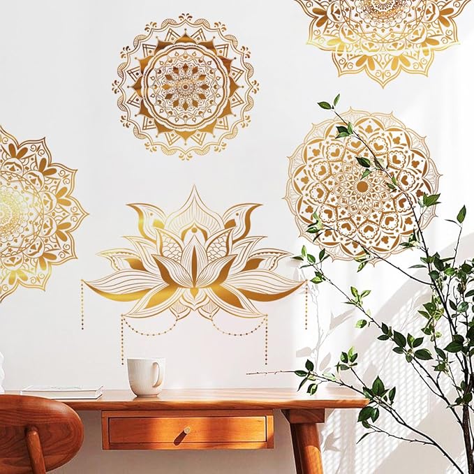 Runtoo Mandala Wall Stickers Boho Large Gold Lotus Floral Wall Decal Peel and Stick Bedroom Living Room Yoga Headboard Decor - Image 4