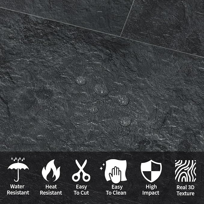 AULIGET 6" x 12" Black Slate Peel and Stick Backsplash Wall Tiles, PVC Faux Stone Stick on Tiles for Backsplash Kitchen, Bathroom, Laundry Room, Camper, Fireplace (Pack of 40) - Image 2