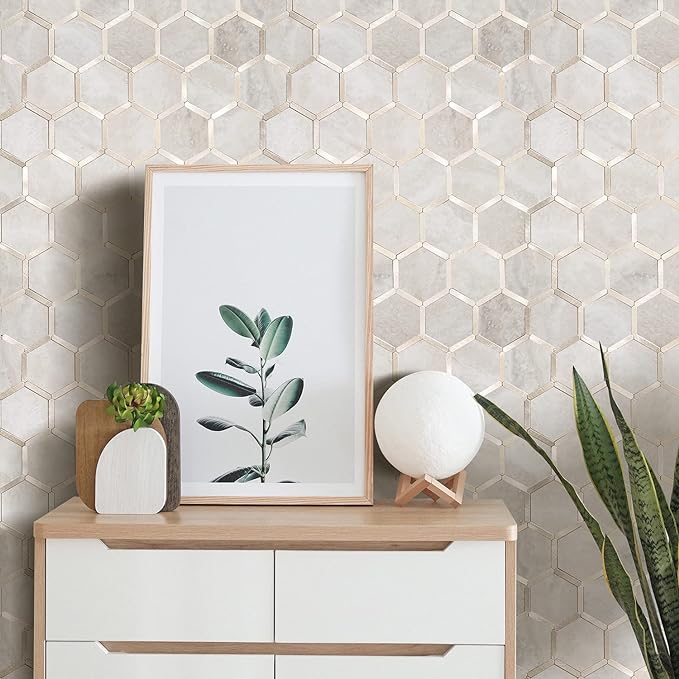 STICKGOO Hexagon Peel and Stick Backsplash Tile, Stick on Backsplash for Kitchen and Bathroom, Beige Marble Look PVC Mixed Metal Gold Self Adhesive Wall Tiles(6 Sheets, Seamless) - Image 5