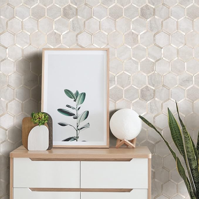 STICKGOO Hexagon Peel and Stick Backsplash Tile, Stick on Backsplash for Kitchen and Bathroom, Beige Marble Look PVC Mixed Metal Gold Self Adhesive Wall Tiles(10 Sheets, Seamless) - Image 3