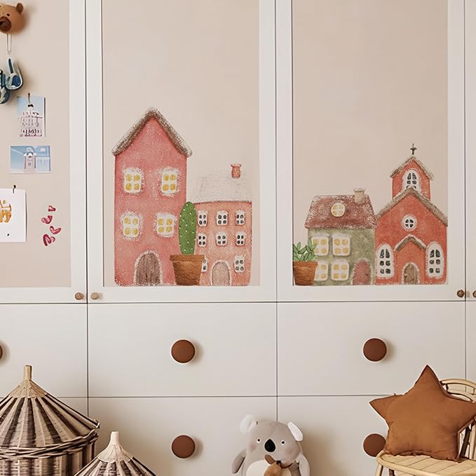 47.24×16.93in Large Nursery Wall Sticker Fairy Tale Cottage‌ Fabric,Pink Watercolor Building House Decal Peel Stick DIY Art Wall Decor for Playroom Kids Room Babyroom Gifts-1 Roll 2 Sheets - Image 5