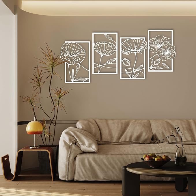 ESTART 4Pcs Metal Lotus Wall Decor Abstract Floral Line Art Sculpture | Minimalist Wall Decor for Bedroom Flowers Hanging Wall Sculpture for Living Room Kitchen Office and Yoga Room (White) - Image 6