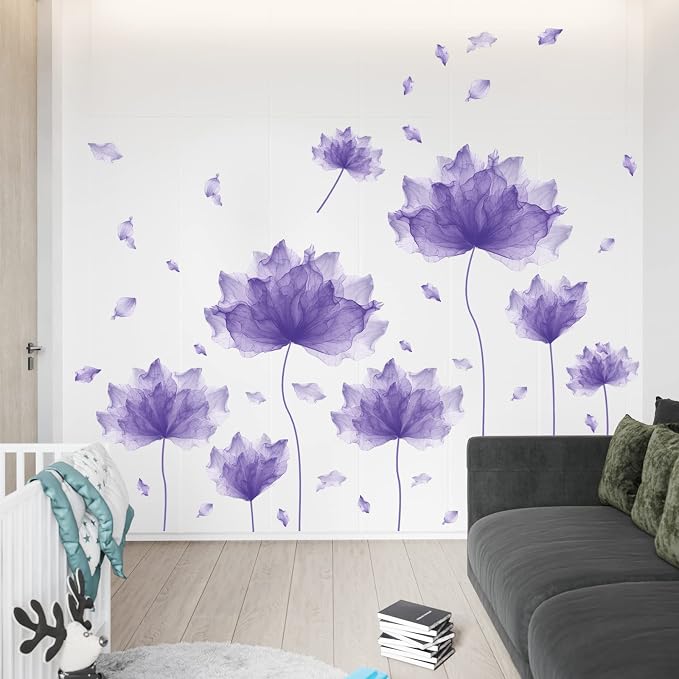 59.1'' x 49.6'' Flower Petal Wall Decal Floral Wall Sticker(Purple) | Removable waterproof peel and stick wall art for nursery, baby room, classroom, living room, bedroom, office and bathroom by RoyoLam