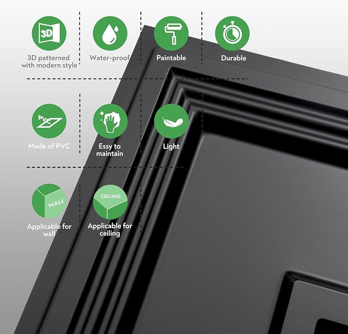 STICKGOO Black PVC Ceiling Tiles, 24 x 24 in, 12 Pack | 2 x 2ft Drop ceiling panels, covers 48 sq ft, lightweight, ideal for glue-up installation or covering existing ceiling - Image 8