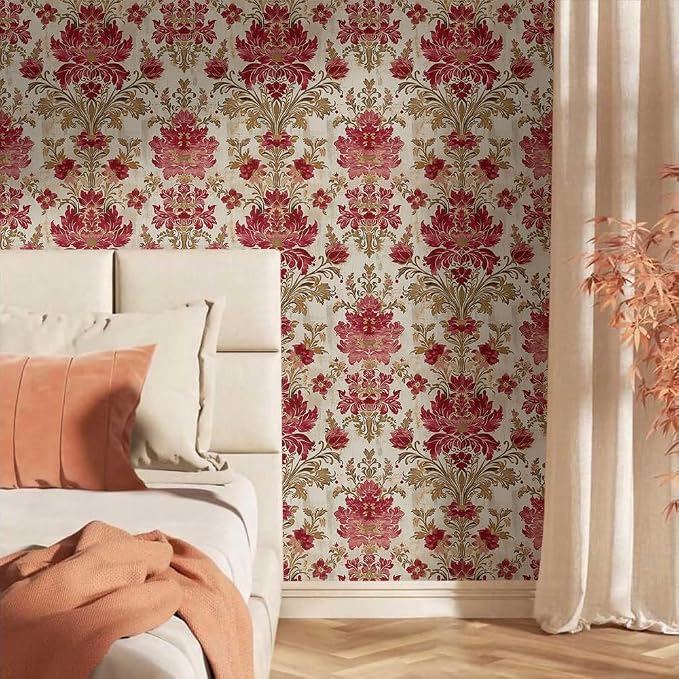 18"x236" Classical Beige Red Damask Flower Retro Peel and Stick Self Adhesive Wallpaper Removable Contact Paper Stick on Easy Peel Off Wall Paper for Kitchen Bedroom Bathroom Renter - Image 2