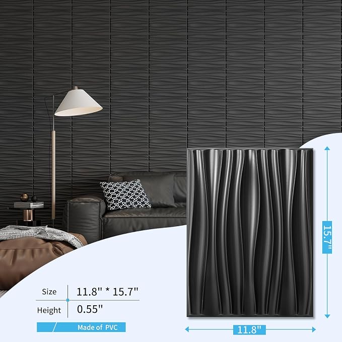 Art3d PVC Wavy Textured 3D Wall Panels, 15.7 x 11.8 Inch, 24-Pack, Black | PVC, Waterproof, Featherlight, Scratch Resistant, Perfect for Office, Living Room & Home Decor - Image 3