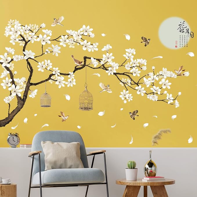 LiveGallery White Peach Blossm Flowers Wall Decals Removable DIY Tree Branches Birds Saying Art Decor Wall Stickers Murals for Living Room TV Background Kids Girls Rooms Bedroom 8 Sheets of 12"x18" - Image 3