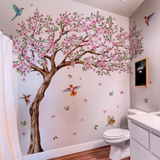 Large Pink Flower Tree Wall Decals Cherry Blossom Floral Branch Wall Stickers Peach Flower Birds Home Art Decals Stickers Living Room Bedroom Tv Background Wall Decor - Image 7