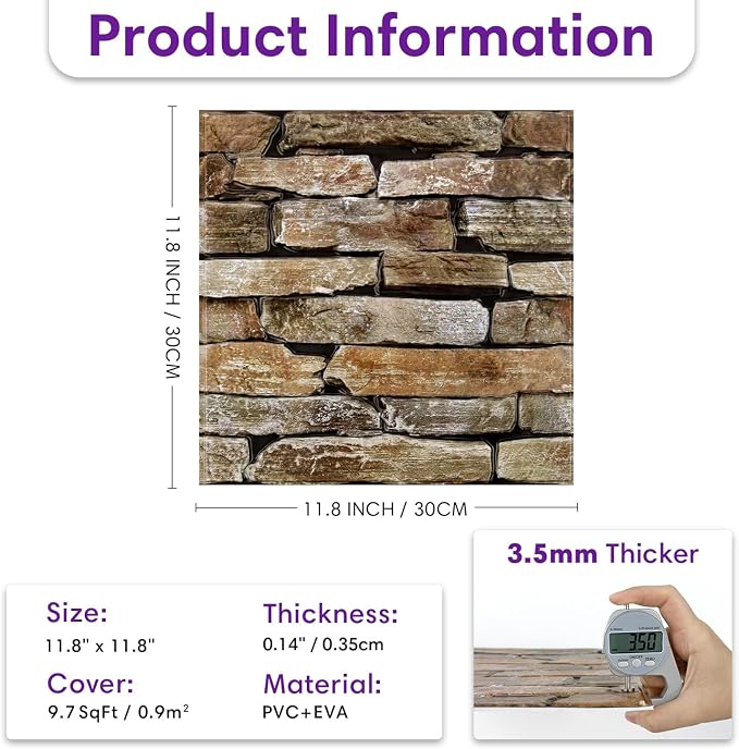 3D Peel and Stick Faux Stone Wall Panels 11.8" x 11.8" 10-Pack | Brown with Green, Stone-Look Textured Wall Sticker, Thin PVC Self Adhesive Wall Tiles for Interior Decor, Cover 9.7 sq ft - Image 4