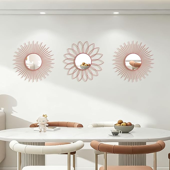 3 Pack Metal Mirrors for Wall Sunburst Wall Mirrors Home Décor Decorative Hanging Wall Art for Living Room Bedroom Entryway (Pink, Flower+Sunburst) - Image 7