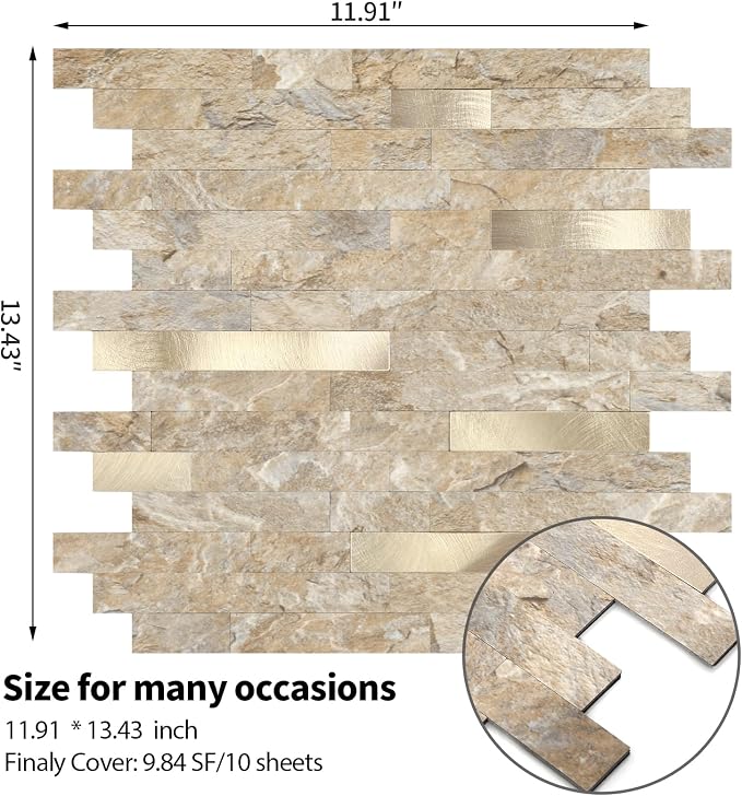 Yipscazo 10 Sheets Peel and Stick Stone Metal Tile Backsplash, Stick on Tiles for Backsplash Kitchen, Bathroom, Laundry Room, Camper, Fireplace (12'' X 12'', Rustic Stone) - Image 7