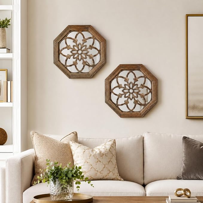 2 Pack 12 Inch Octagon Maroon Rustic Wood Frame Acrylic Wall Mirrors, Farmhouse Boho Wall Art Decor for Living Room, Bedroom, Hallway, Entryway, Bathroom & Office - Image 4