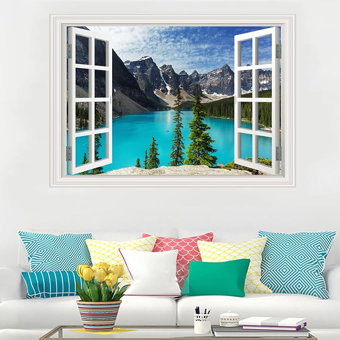 Large Murals Fake Window Wall Decal Summer Mountains Lake View Open Sticker | Faux Window Natural Scenery Landscape Mural｜ Stick and Peel Wall Decals｜for Room Bedroom Office Decor｜66"x48" - Image 2