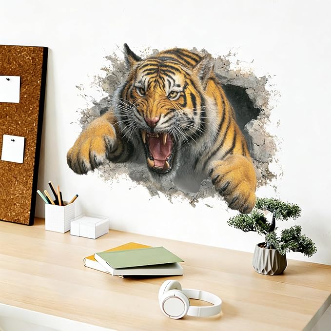 Tiger Wall Decal Stickers– Realistic Tiger Breaking Through Wall Design, Removable Stickers for Home, Office, Living Room, and Bedroom - Image 3