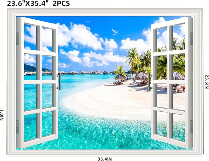 Self-Adhesive Wall Sticker Romantic Living Room Bedroom Study Office Decorative Wall Sticker Ocean Scenery Fake Window Sticker Mural (Crescent Beach, 23.6"×35.4") - Image 2