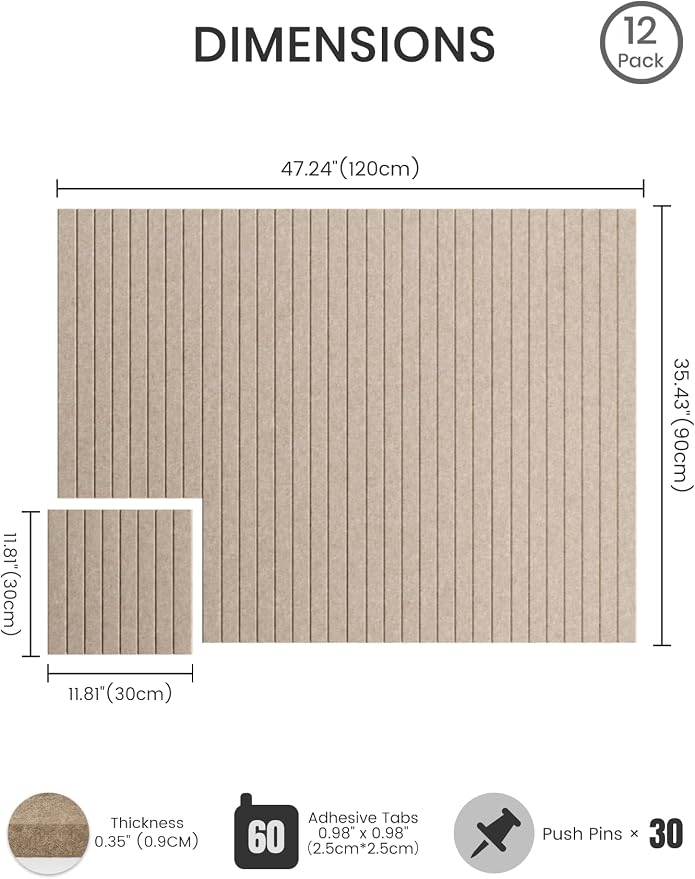 Bumusty 48"x 36" Large Felt Bulletin Board Tiles, Taupe | 12-Pack Cork Board Alternative, Wall Decor, 30 Pushpins, 60 Adhesive Tabs, Vision Board, Office, Classroom, Home, Dorm - Image 2