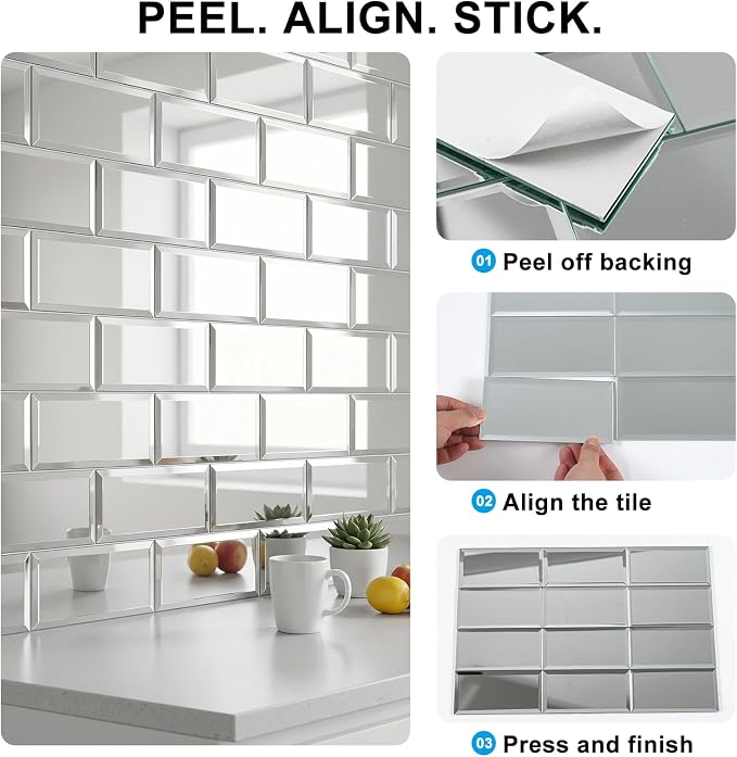 40-Pack Real Glass Mirror Subway Tiles, 3"x6" Beveled Peel and Stick Backsplash for Kitchen, 5mm Heat-Resistant DIY Wall Tiles (Approx 5 Sq. Ft.) - Image 3