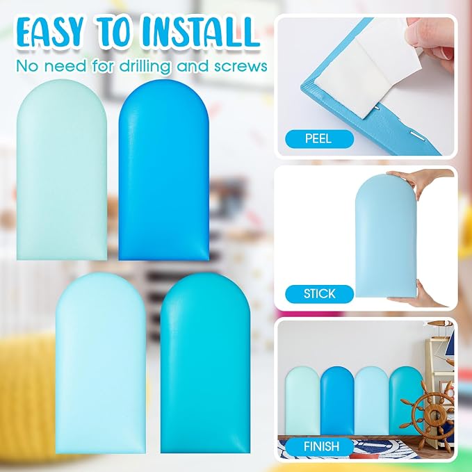 Jetec 4 Pcs Kids Wall Padding Panels, 1.18 Inch Thick Foam Wall Protector, 15.75 x 7.87 Inch Soft 3D Blue Safety Panels for Nursery & Playroom - Image 3