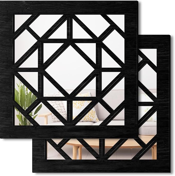 2 PCS Square Wall Mirror,Rustic Farmhouse Wall Mirrors,12 inch Small Mirror Art (style1 Black) by KOYILTD