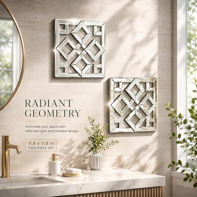 Square Decorative Wall Mirror 12 x 12 Inch, Silver Frameless Mirror Wall Decor with Beveled Edge, Modern Wall Mounted Accent Mirror for Living Room, Bedroom, Hallway, Set of 2 - Image 4