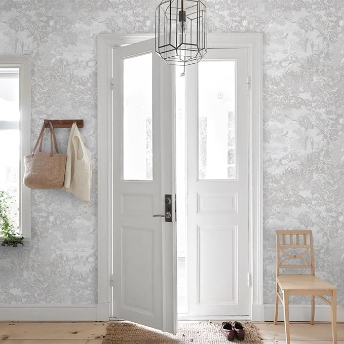 Ismoon Gray Peel and Stick Wallpaper Neutral Wall Paper 17.3in×6.56ft Vintage Removable Self-Adhesive Wallpaper Animals Jungle Contact Paper for Cabinets Bathroom Walls Covering Vinyl Roll - Image 5