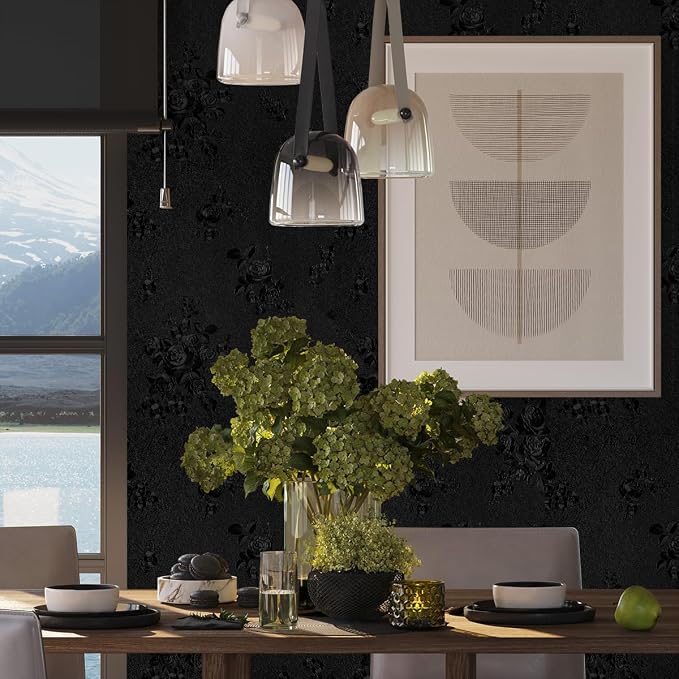 Black Peel and Stick Wallpaper Floral Black Wallpaper 18in x 118in | Embossed Flower Contact Paper Textured Self Adhesive Paper for Cabinets Bathroom Dark Floral Removable Waterproof Decor Vinyl - Image 4