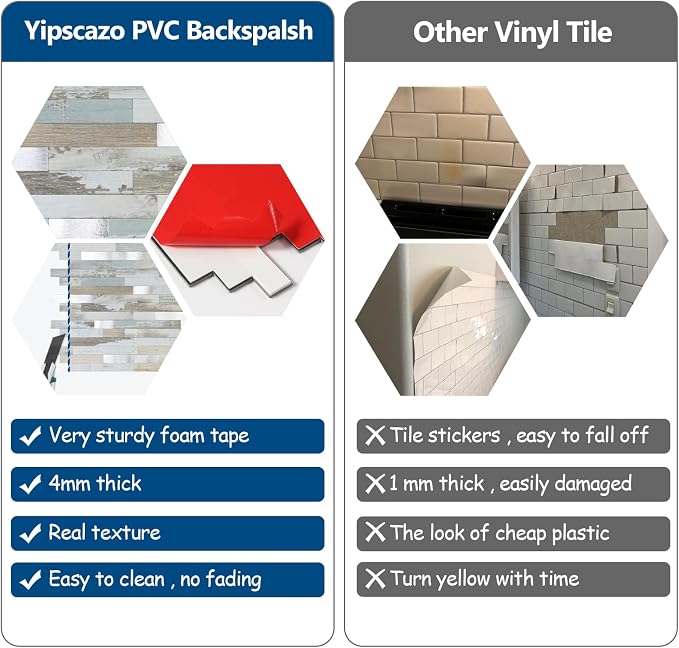 Yipscazo 20 Sheets Peel and Stick Wood Metal Tile Backsplash, Stick on Tiles for Backsplash Kitchen, Bathroom, Laundry Room, Camper, Fireplace (12'' X 12'', White Wood with Metal) - Image 8