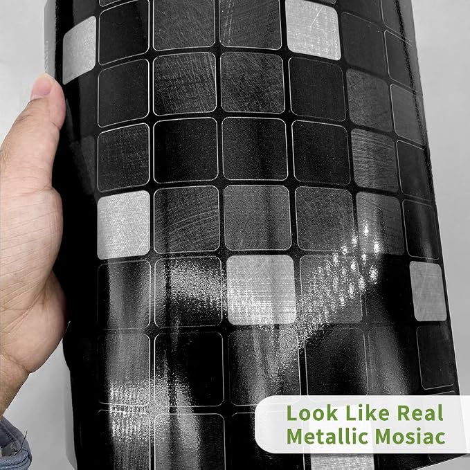 Alwayspon 25 Pcs Brushed Silver Peel and Stick Transfer, Water-Proof Wall Tile Sticker, Black Metallic Mosaic, 4x4inch - Image 4