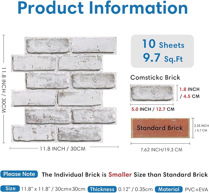 COMSTICKC 3D Faux Brick Wall Panels Peel and Stick, 10 Pcs 11.8" x 11.8" | Whitewash, Not Real Brick, Small Size， Ultra-Light Thin PVC Wall Sticker, 3D Fake Brick Decorative Wall Tiles,Cover 9.7 sq ft - Image 3