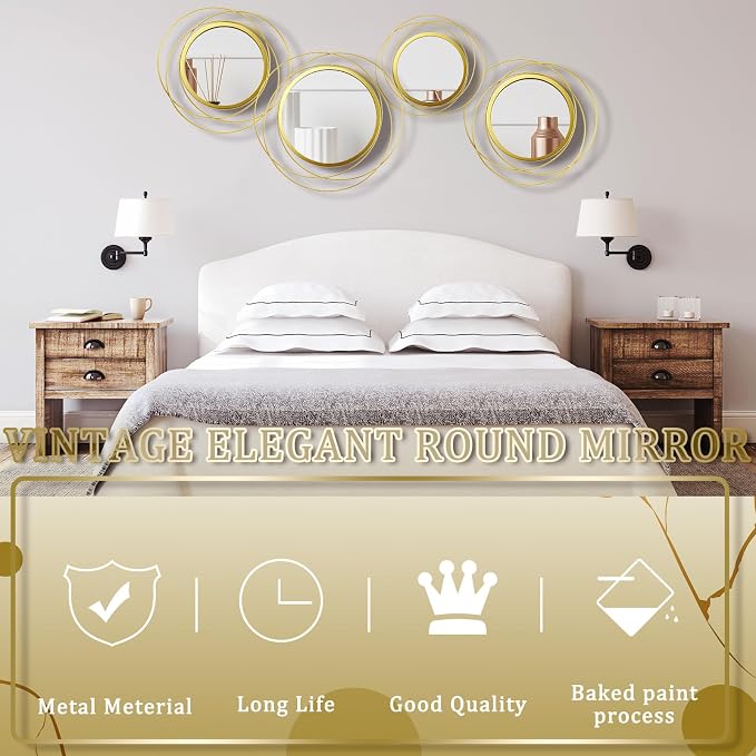 Hicarer 4 Pcs Decorative Wall Mirror Round Modern Circle Mounted Mirror Metal Wall Art Decor for Bedroom Living Room Entryway Dining Room Hallway(Gold) - Image 5
