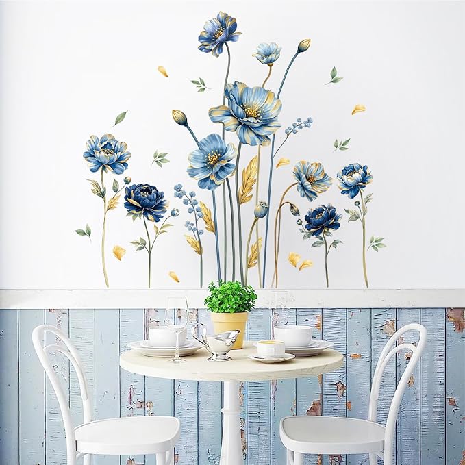 LHIUEM Blooming Golden Leaves Blue Flowers Wall Stickers 39”x12” Large Floral Peel and Stick Wall Decals Removable Bright Wildflower Wall Decals for Bathroom Living Room Window Bedroom - Image 6