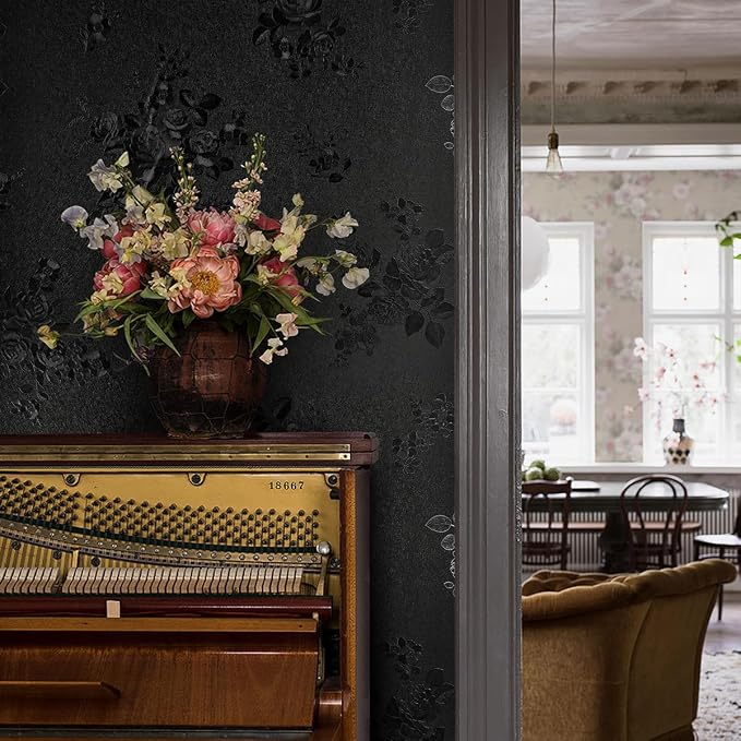 Black Peel and Stick Wallpaper Floral Black Wallpaper 18in x 118in | Embossed Flower Contact Paper Textured Self Adhesive Paper for Cabinets Bathroom Dark Floral Removable Waterproof Decor Vinyl - Image 2
