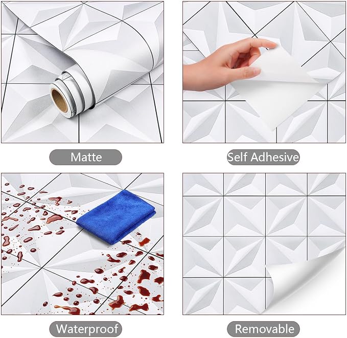 YENHOME Faux 3D Embossed Geometric Peel and Stick Wallpaper 17.5"X118" White Textured Self-Adhesive Wall Panels Waterproof Removable Vinyl Mural for Bathroom Backsplash Accent Walls Home Decor - Image 5