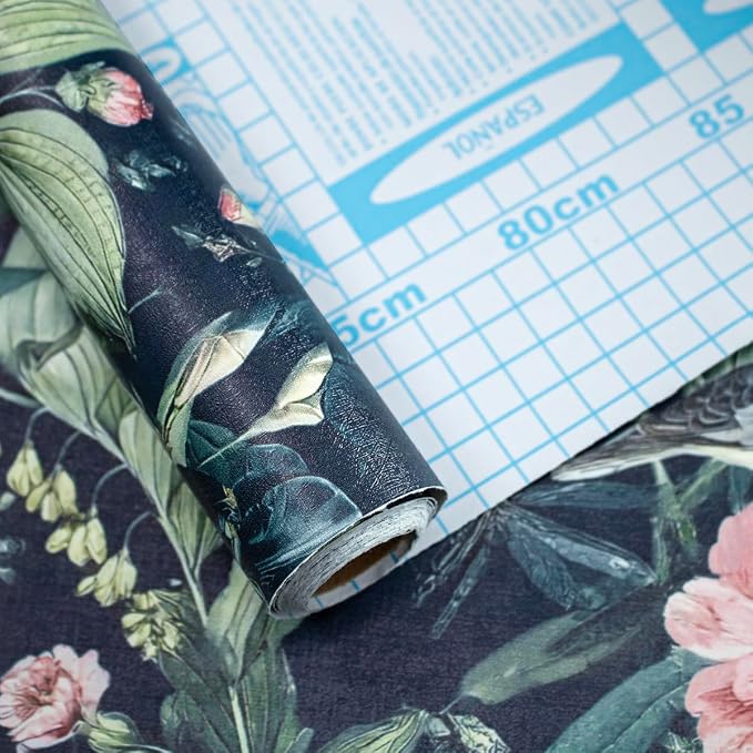 Navy Bird and Floral Peel and Stick Wallpaper Vintage 17in x 118in | Flower Contact Paper Vintage Floral Wallpaper Boho Self Adhesive Waterproof Wall Paper Botanical Removable Decorative Vinyl - Image 5