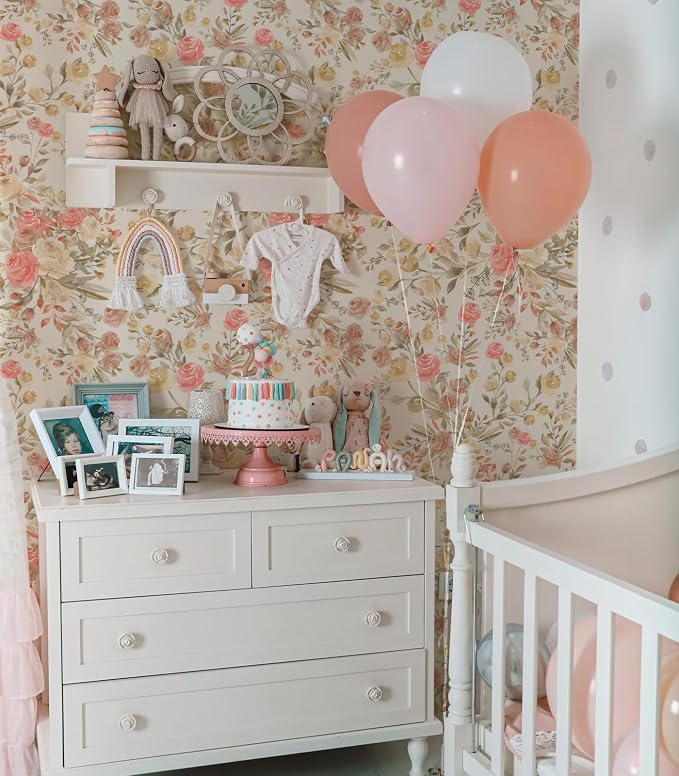Vintage Floral Wallpaper Peel and Stick Pink Floral wallcovering Self-Adhesive Wallpaper for Cabinets and Drawers Bathroom Wallpapers (Pink Rose, 472.44“ X 17.4") - Image 3