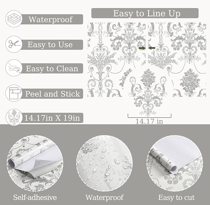 Silver Gray Removable Wallpaper Damascus Floral Peel and Stick Wallpaper | 17.3" X 118" Boho Grey Flower Contact Paper Self Adhesive Wallpaper Damask Floral Decorative Wallpaper for Bedroom Covering - Image 5
