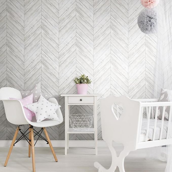 RoomMates White Herringbone Wood Boards Peel and Stick Wallpaper, 20.5 in x 16.5 ft, Vinyl, White/Tan, Removable, No Sticky Residue, For Renters and Homeowners - Image 4
