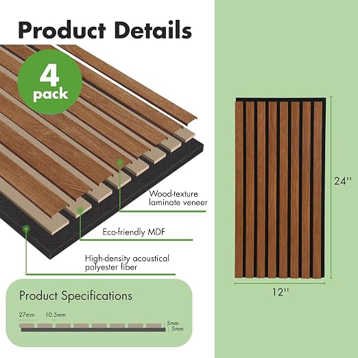 Art3d 4-Pack 12" x 24" Soundproof Wood Slat Panels, 8 sq.ft Acoustic Wall Panels, 3D Wall Panels with Wood Slat Design, Decorative Wood Wall Panel for Accent Walls-Walnut - Image 3