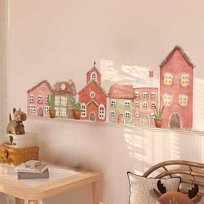 47.24×16.93in Large Nursery Wall Sticker Fairy Tale Cottage‌ Fabric,Pink Watercolor Building House Decal Peel Stick DIY Art Wall Decor for Playroom Kids Room Babyroom Gifts-1 Roll 2 Sheets by Liwo